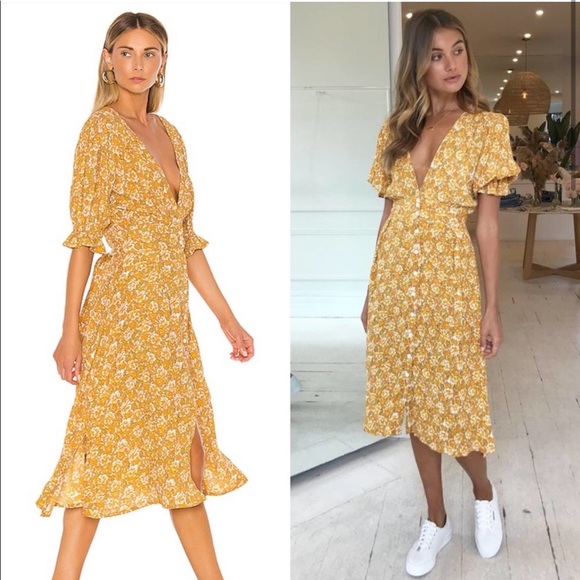 Faithfull the brand saffron Rafa ditsy floral midi dress xsmall yellow gold xs - Picture 2 of 12